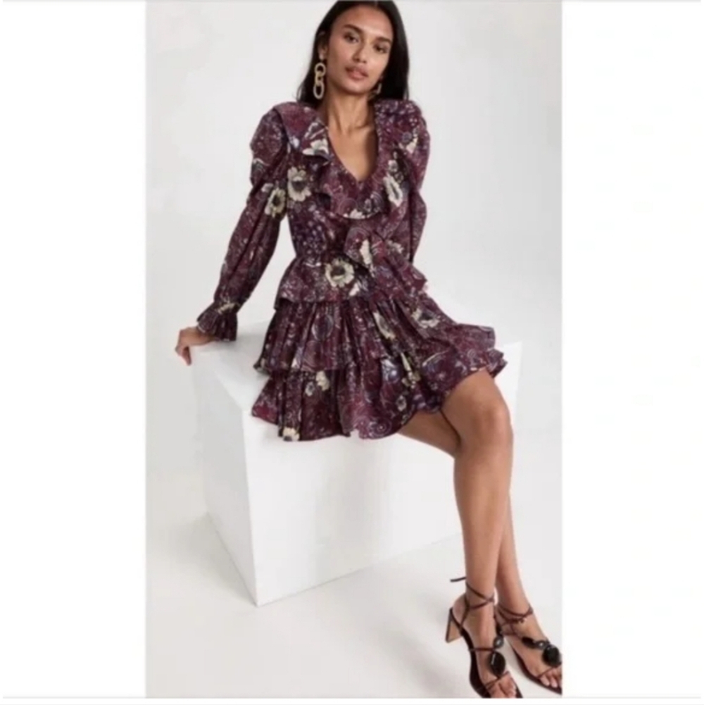 Ulla Johnson Lola Long Sleeve Ruffle Dress In Heliotrope Burgundy Floral